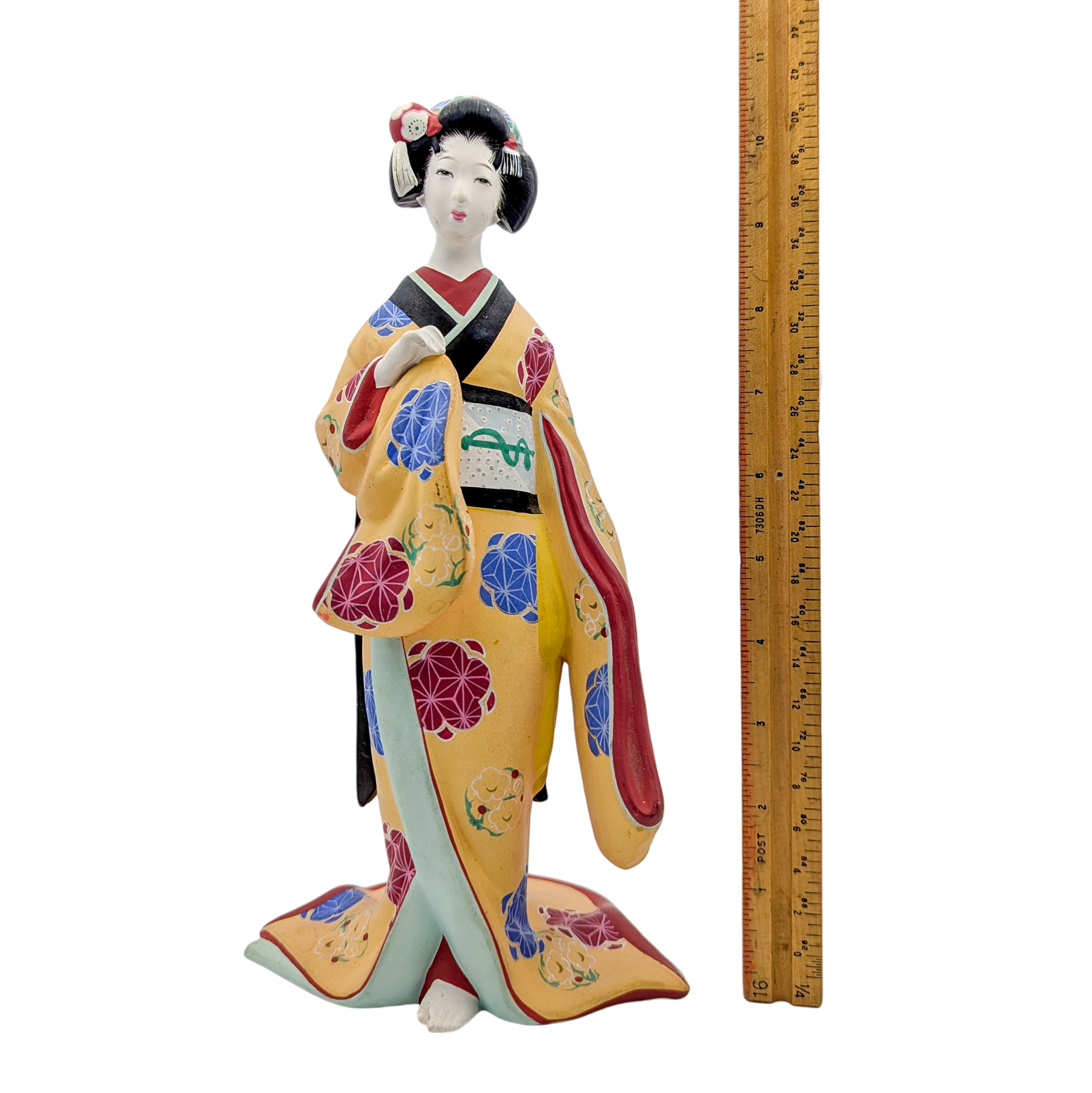 Vintage Japanese Hakata Doll Geisha in Flowing Yellow Kimono