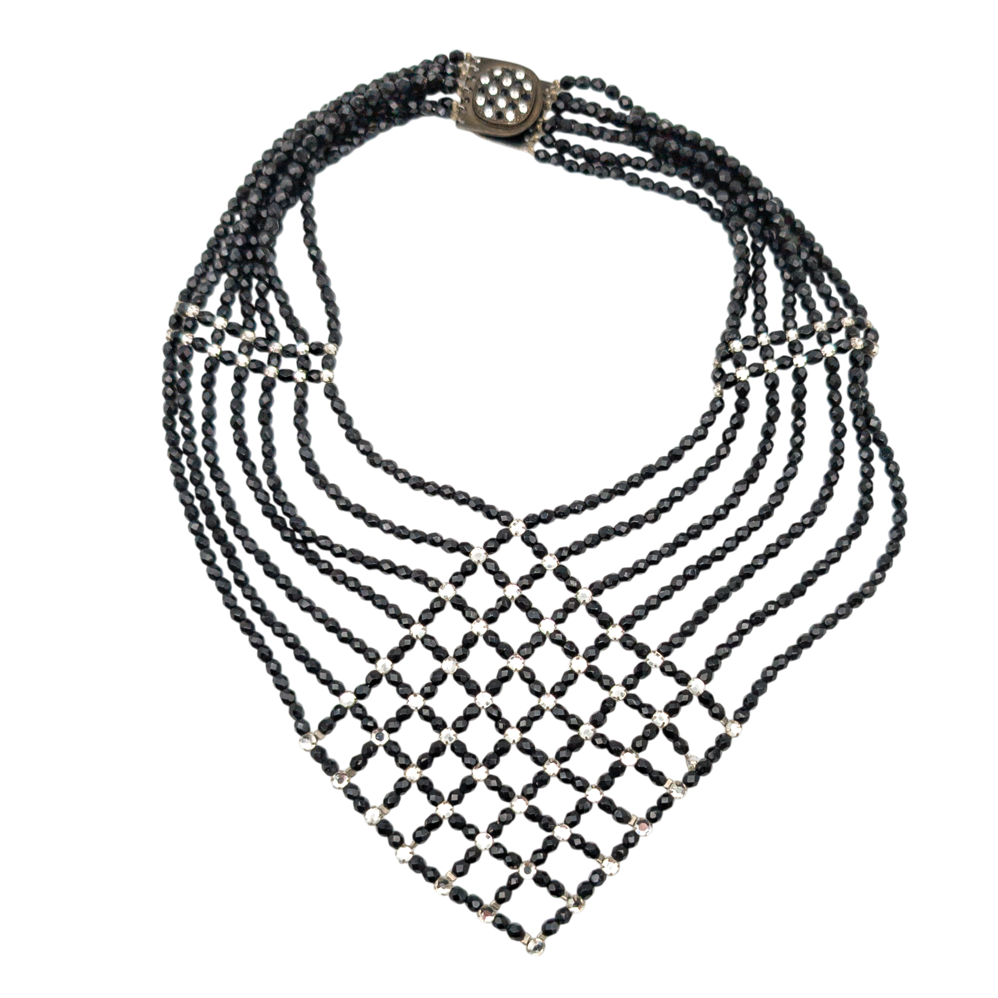 Vintage Armani Jet & Rhinestone Beaded Bib Necklace