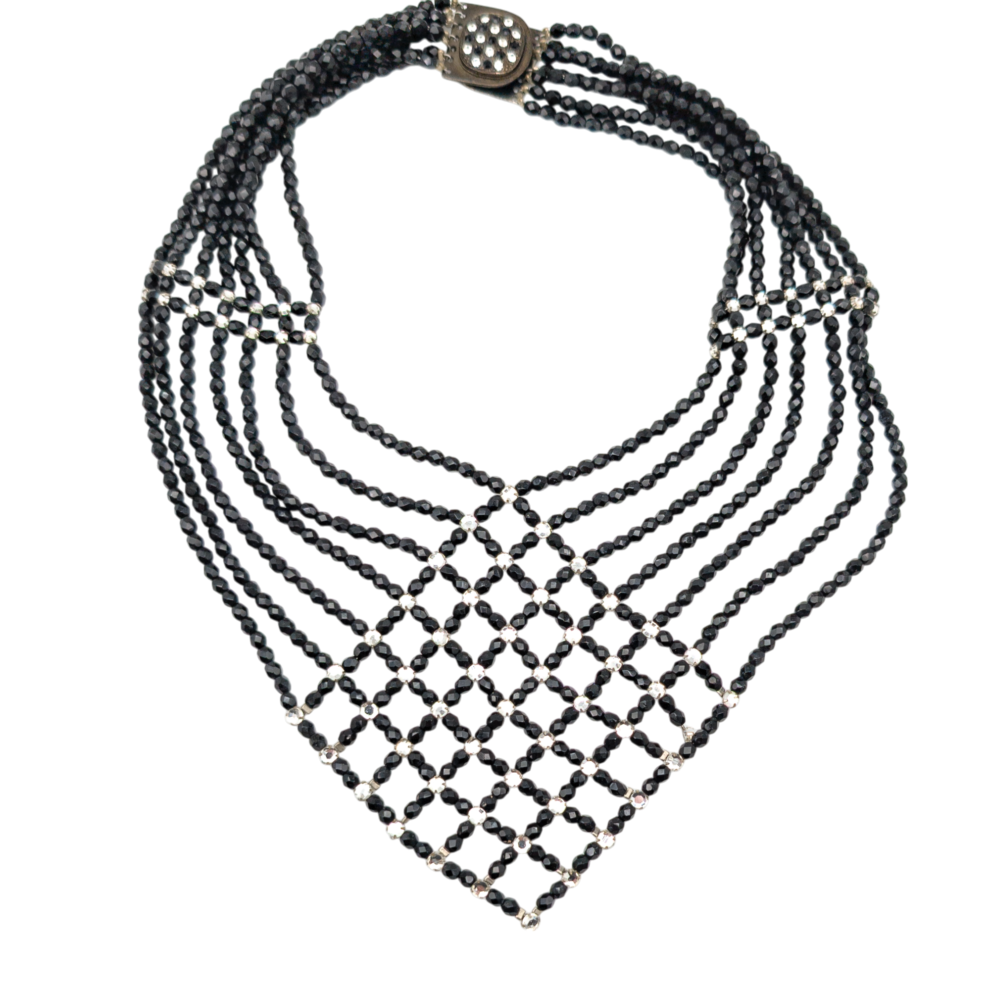 Vintage Armani Jet & Rhinestone Beaded Bib Necklace