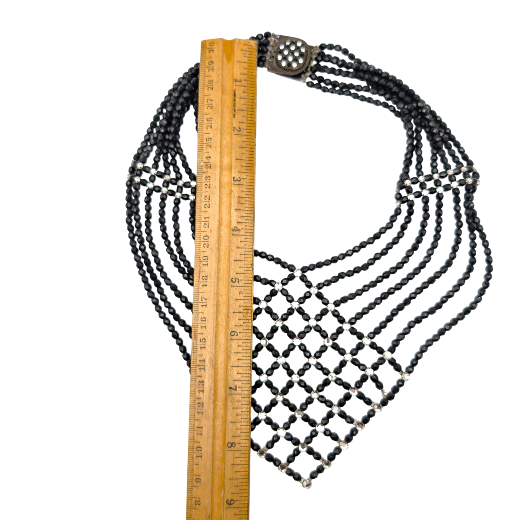 Vintage Armani Jet & Rhinestone Beaded Bib Necklace