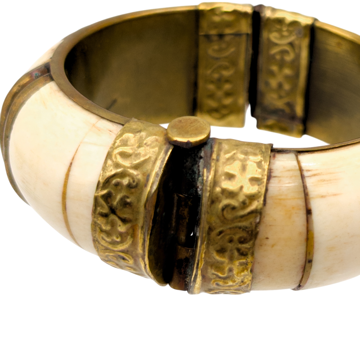 Vintage Chunky Bone & Brass Hinged Bangle