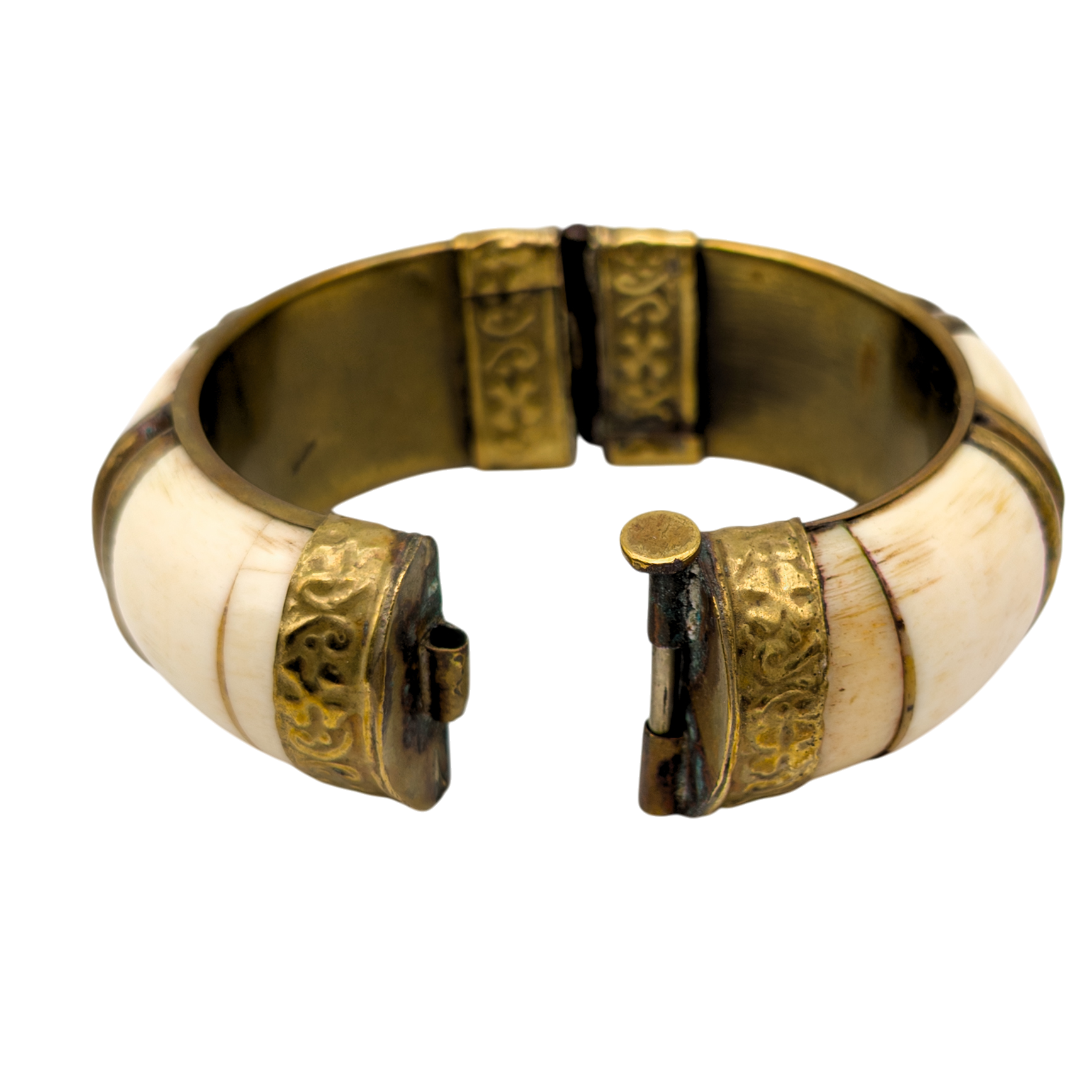 Vintage Chunky Bone & Brass Hinged Bangle