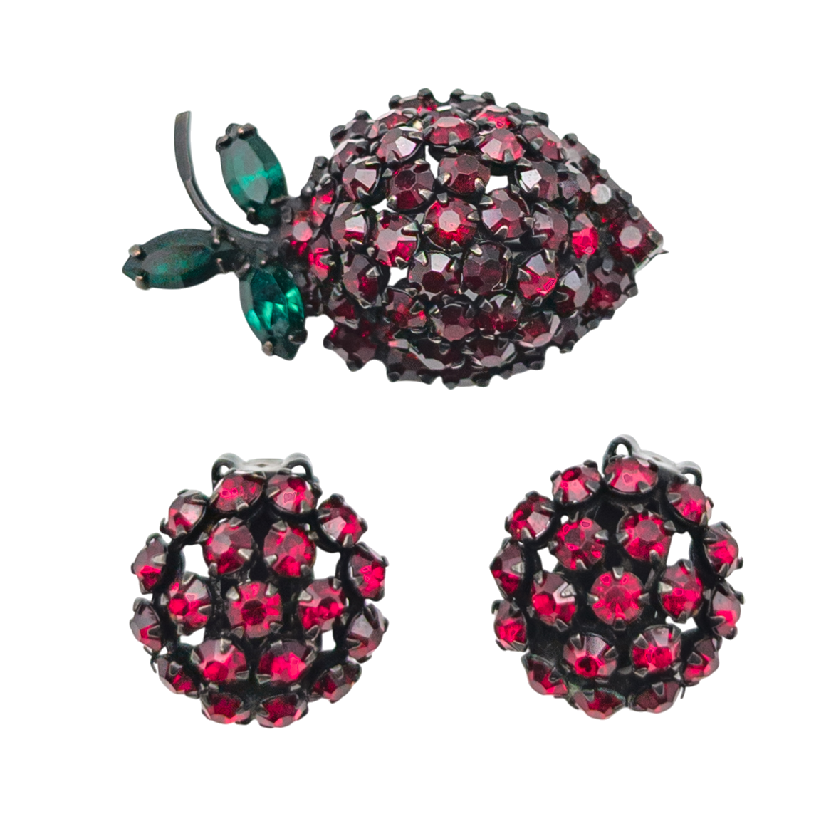 Vintage Warner Jeweled Strawberry Pin & Earring Set