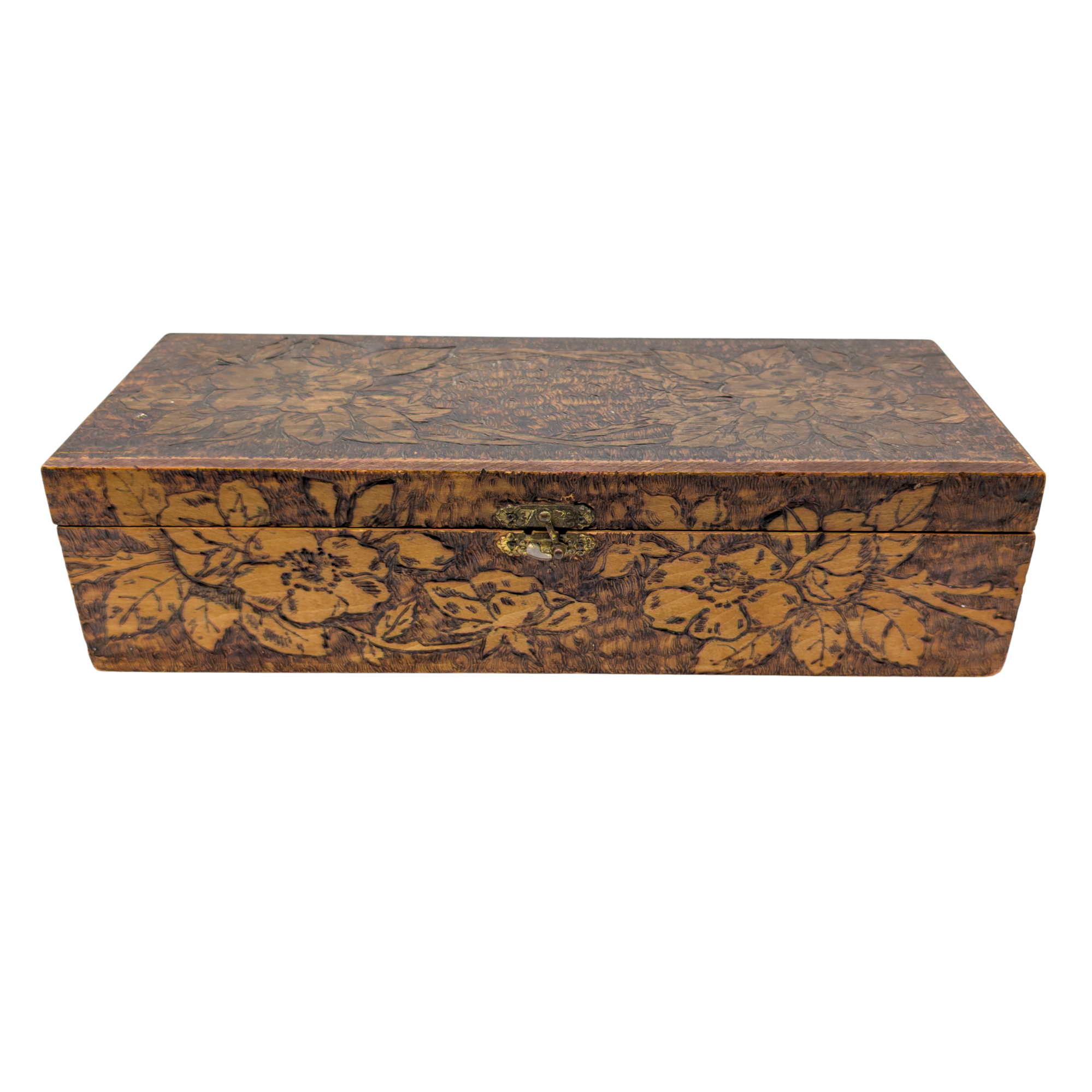 Antique Flemish Art Wood Burned Trinket Box