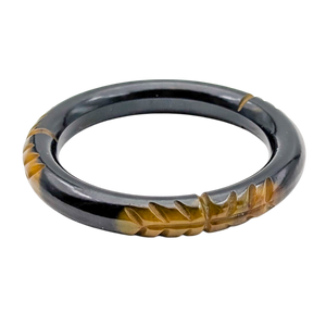 Vintage Carved Black & Yellow Bakelite Bangle Bracelet
