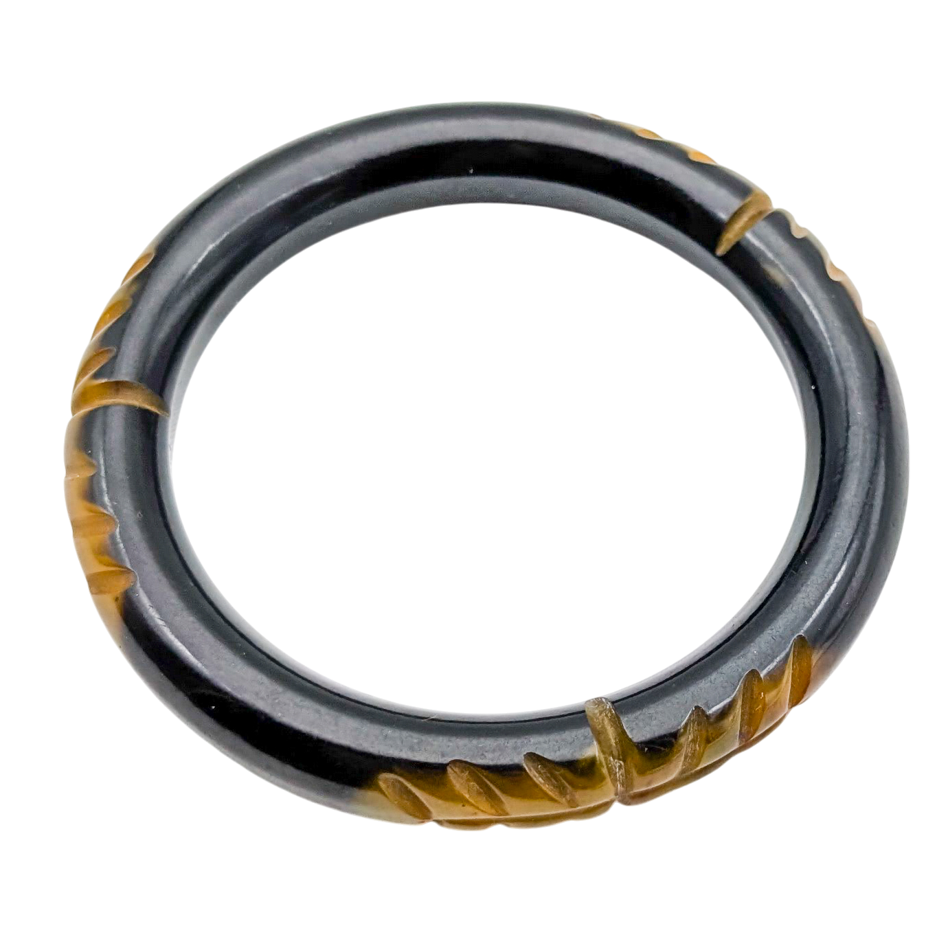 Vintage Carved Black & Yellow Bakelite Bangle Bracelet