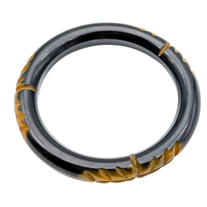 Vintage Carved Black & Yellow Bakelite Bangle Bracelet