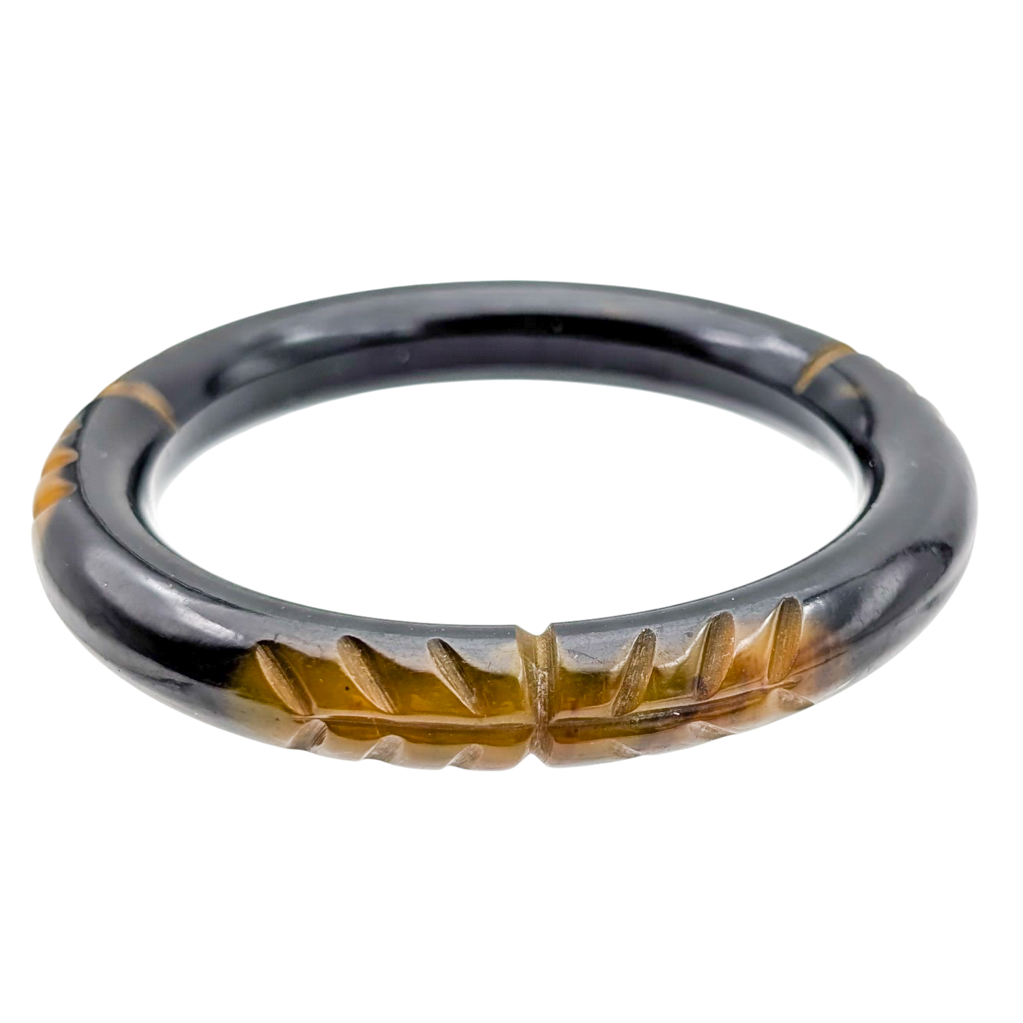 Vintage Carved Black & Yellow Bakelite Bangle Bracelet