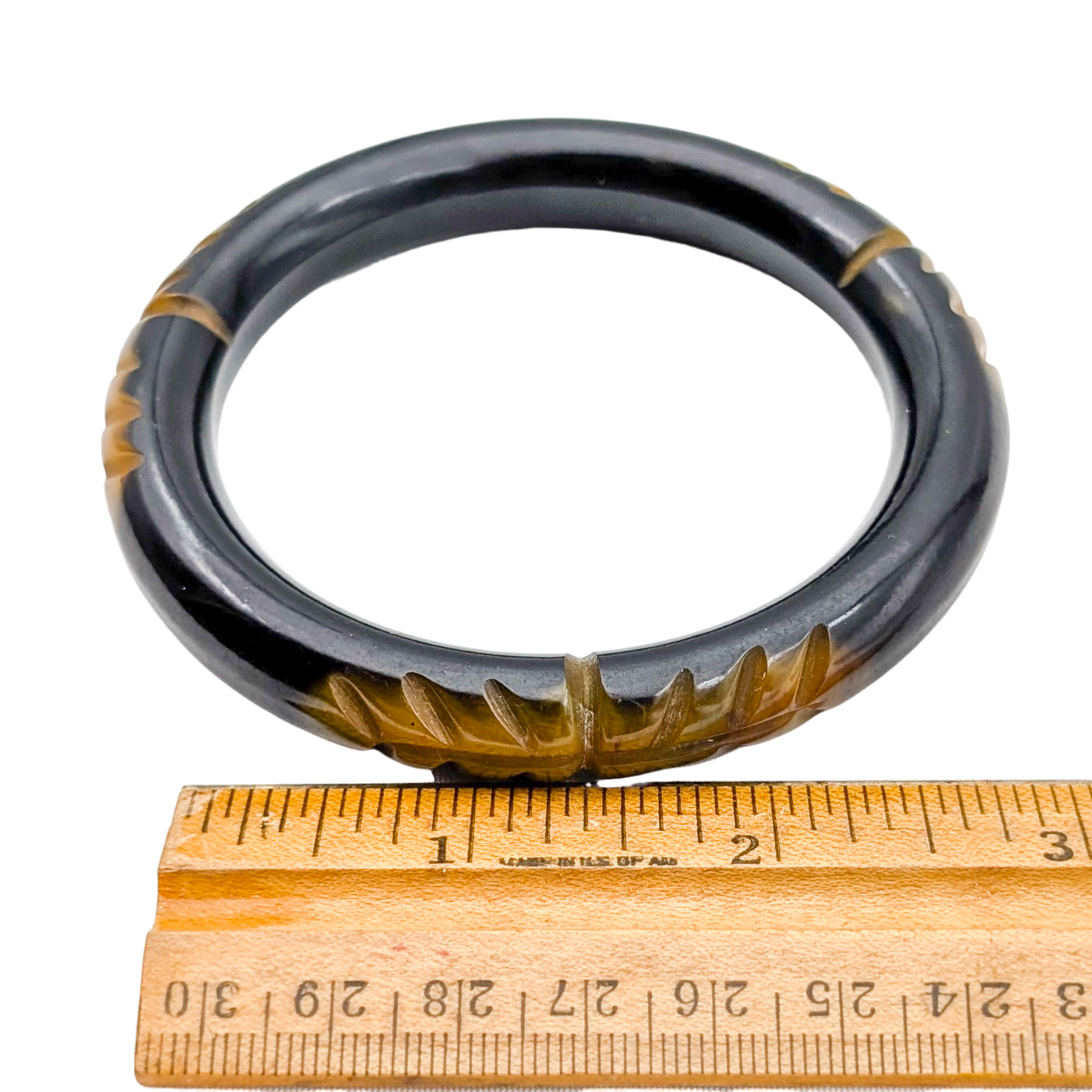 Vintage Carved Black & Yellow Bakelite Bangle Bracelet
