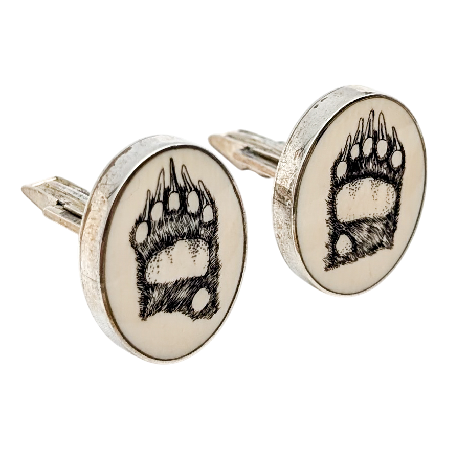 Vintage Sterling Silver Fossil Walrus Tusk Cuff Links