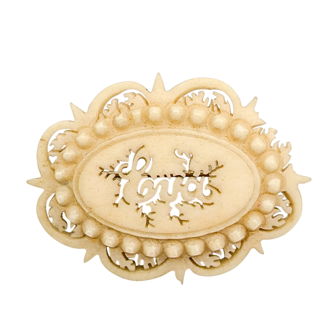 Antique Victorian Carved Bone Eva Name Brooch