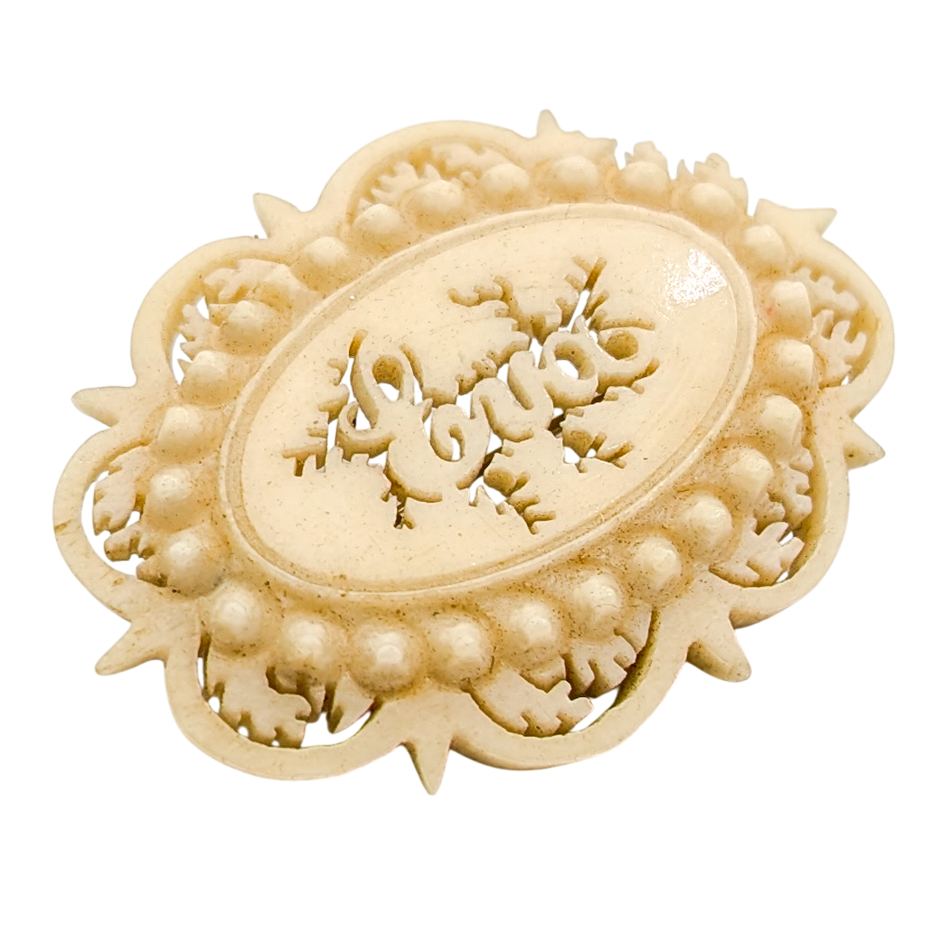 Antique Victorian Carved Bone Eva Name Brooch