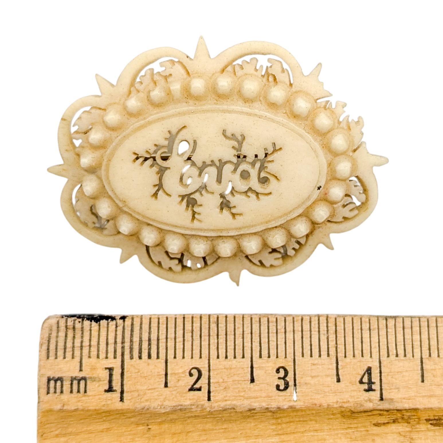 Antique Victorian Carved Bone Eva Name Brooch