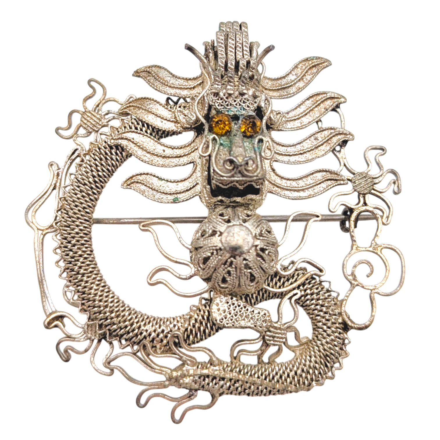 Antique Chinese Export Silver Filigree Dragon Brooch