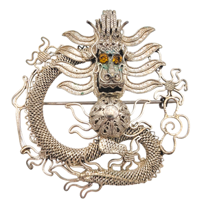 Antique Chinese Export Silver Filigree Dragon Brooch