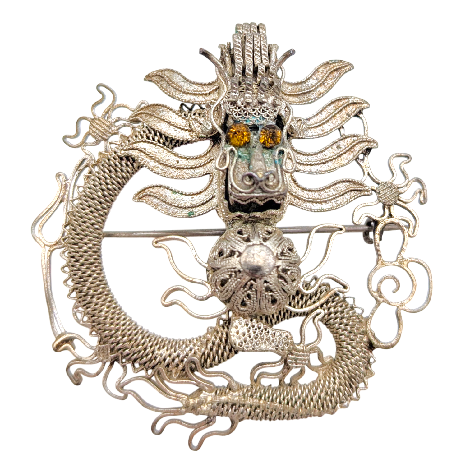 Antique Chinese Export Silver Filigree Dragon Brooch