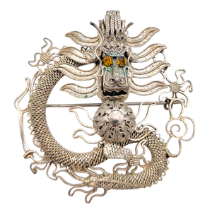 Antique Chinese Export Silver Filigree Dragon Brooch