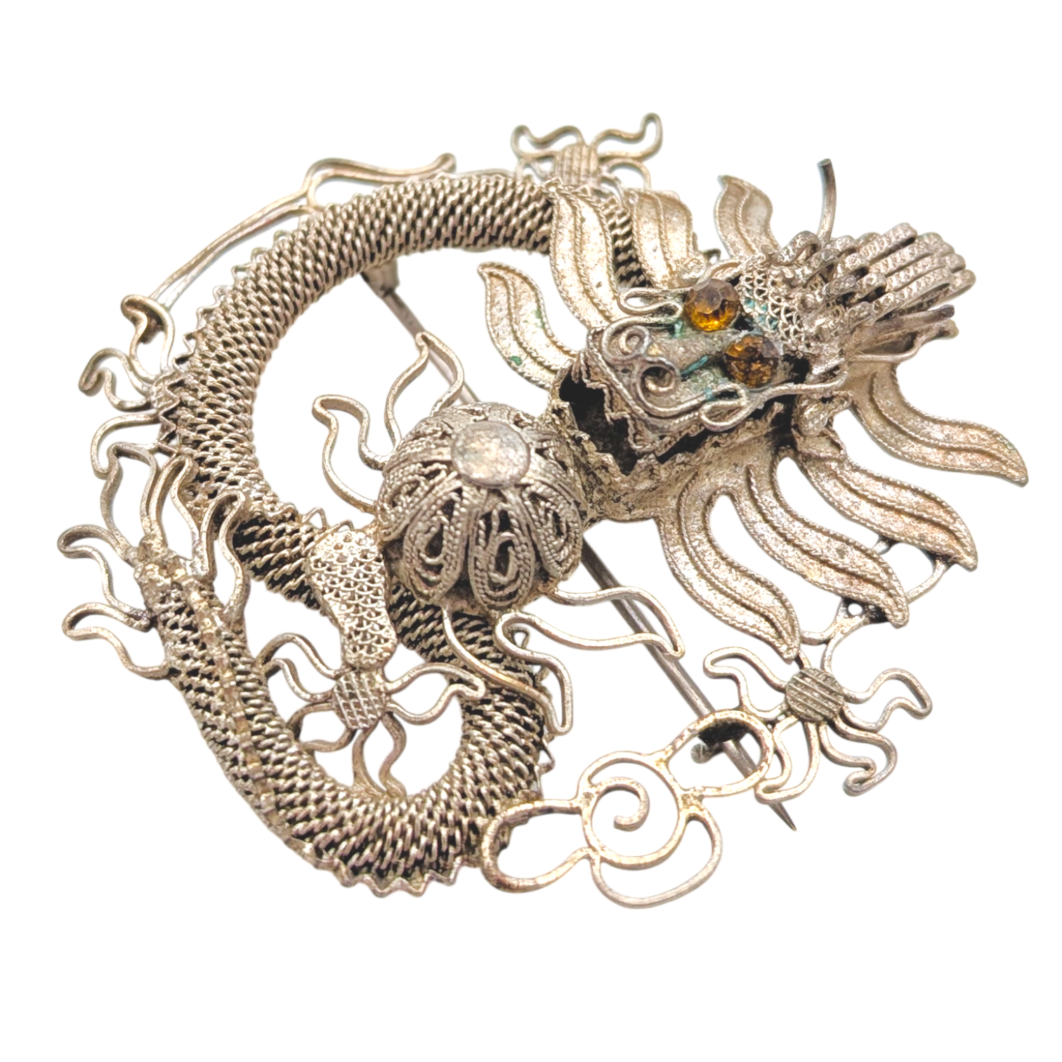 Antique Chinese Export Silver Filigree Dragon Brooch