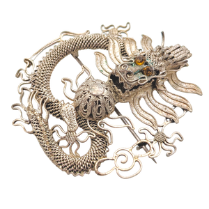 Antique Chinese Export Silver Filigree Dragon Brooch