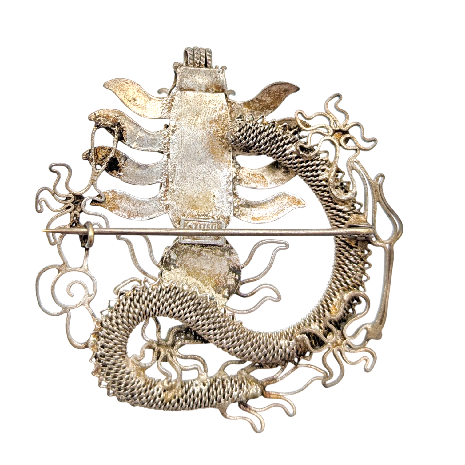 Antique Chinese Export Silver Filigree Dragon Brooch