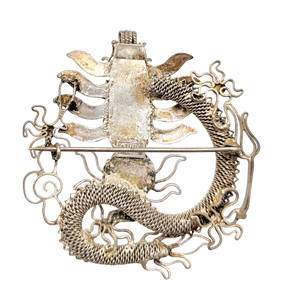 Antique Chinese Export Silver Filigree Dragon Brooch
