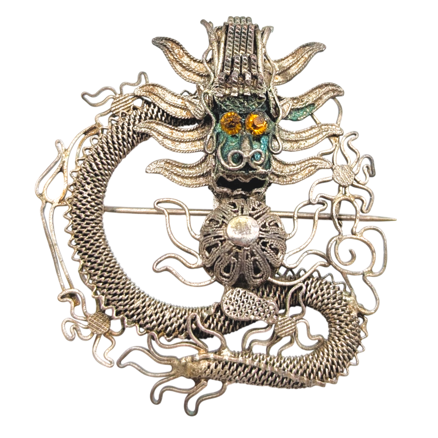 Antique Chinese Export Silver Filigree Dragon Brooch