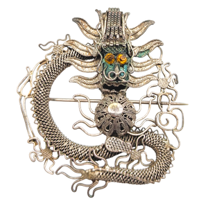 Antique Chinese Export Silver Filigree Dragon Brooch