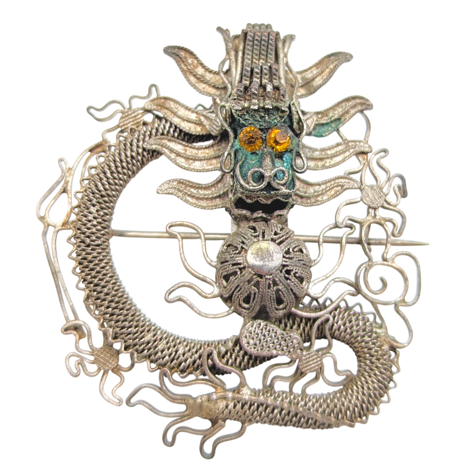 Antique Chinese Export Silver Filigree Dragon Brooch