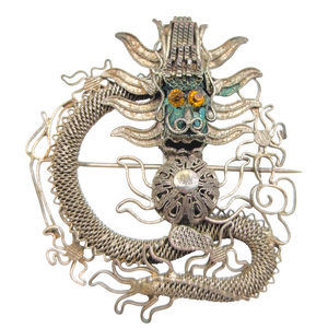 Antique Chinese Export Silver Filigree Dragon Brooch