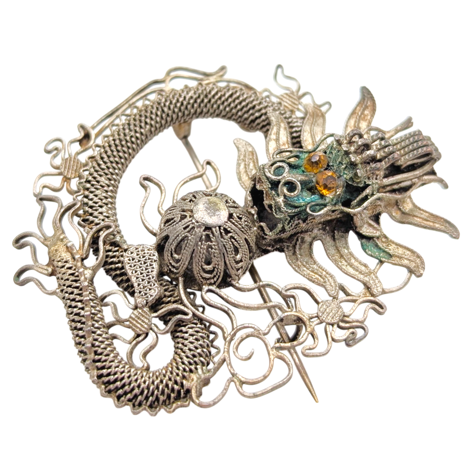 Antique Chinese Export Silver Filigree Dragon Brooch