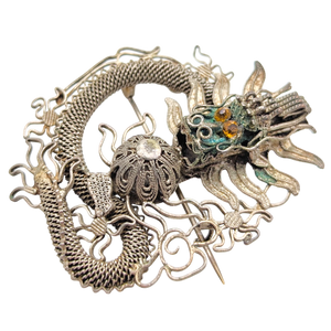 Antique Chinese Export Silver Filigree Dragon Brooch