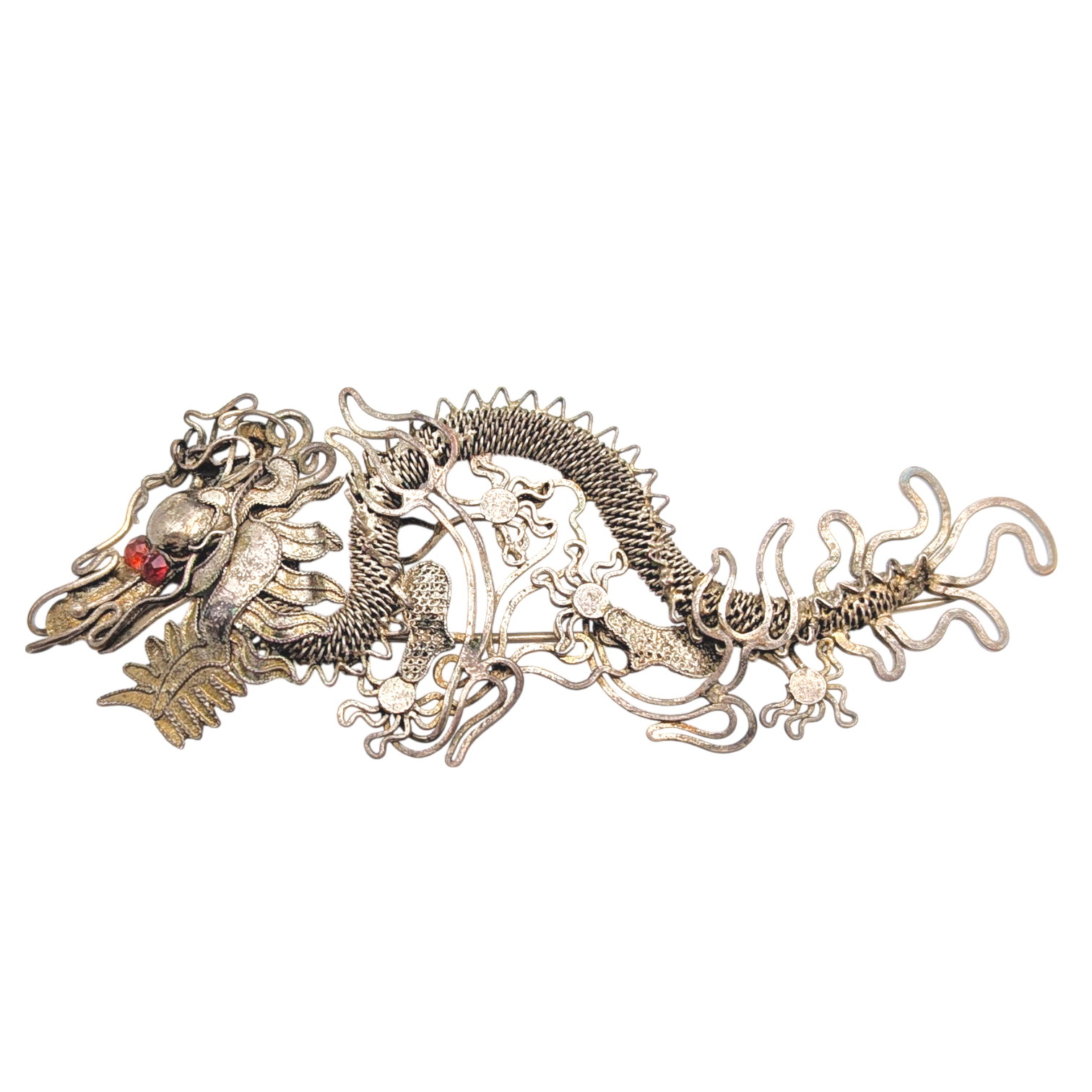 Antique Chinese Export Silver Filigree Dragon Brooch