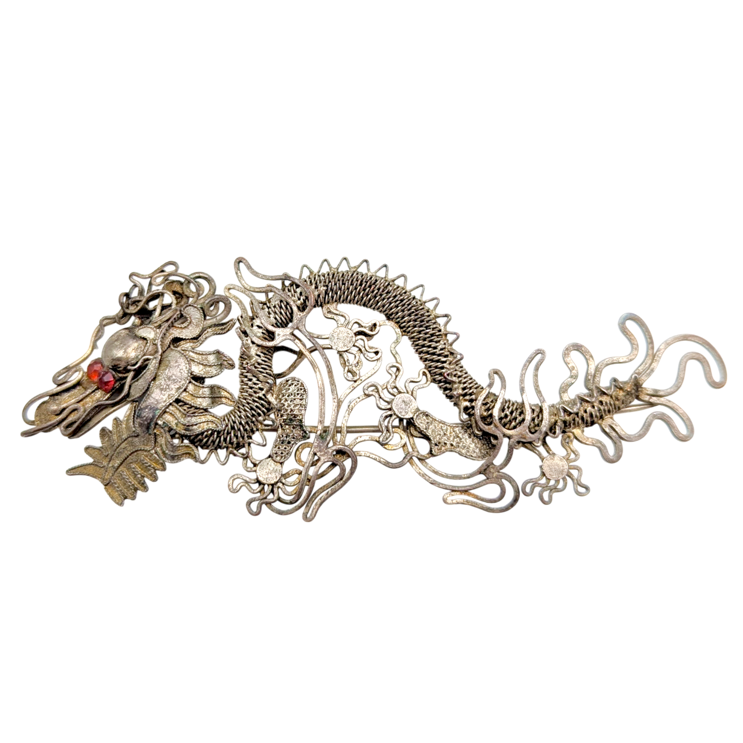 Antique Chinese Export Silver Filigree Dragon Brooch