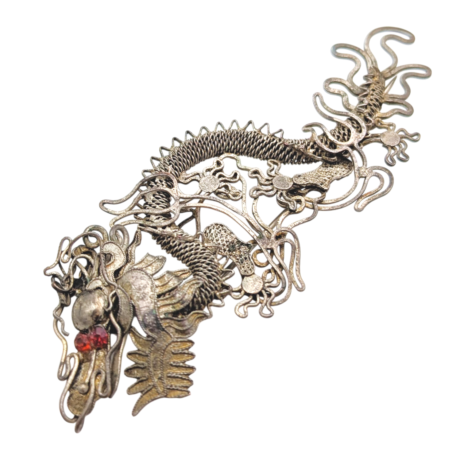 Antique Chinese Export Silver Filigree Dragon Brooch