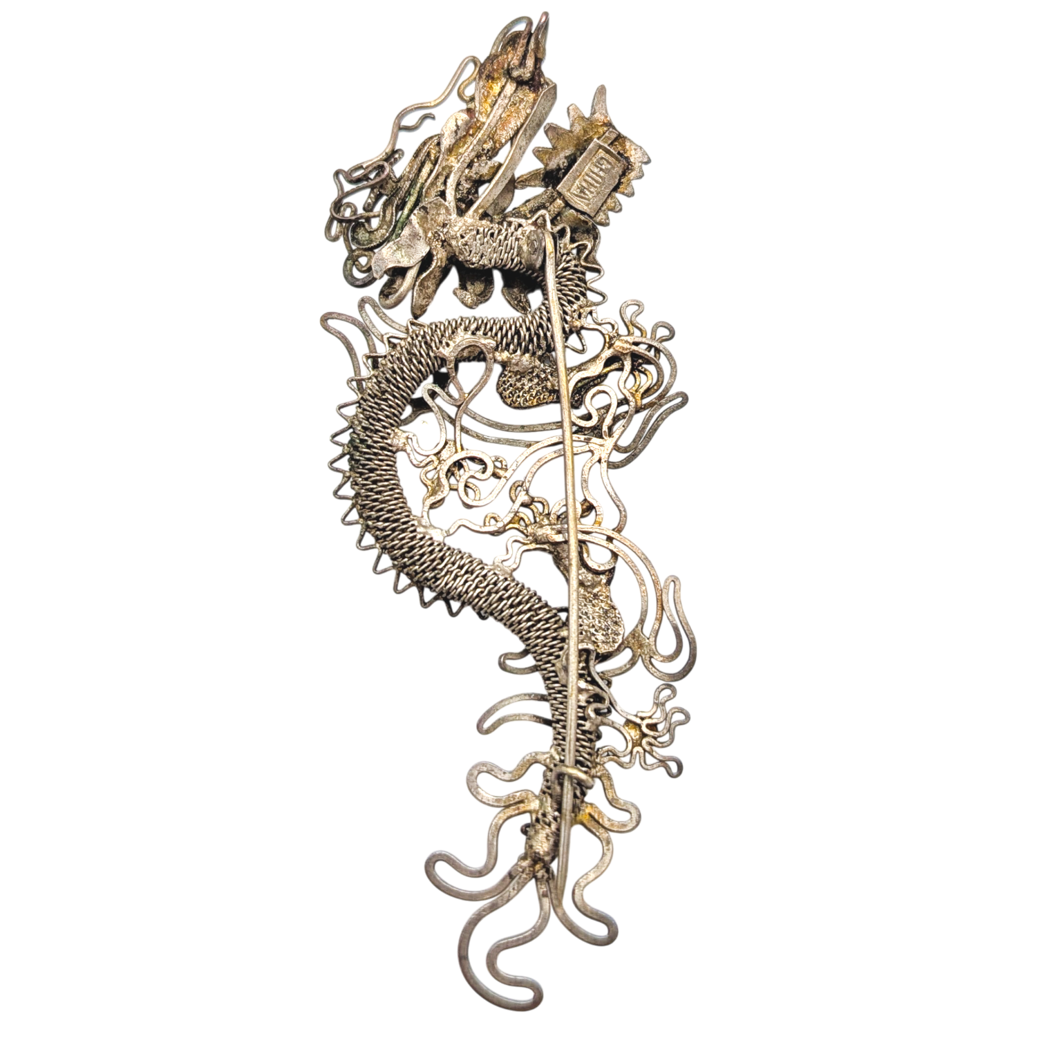 Antique Chinese Export Silver Filigree Dragon Brooch