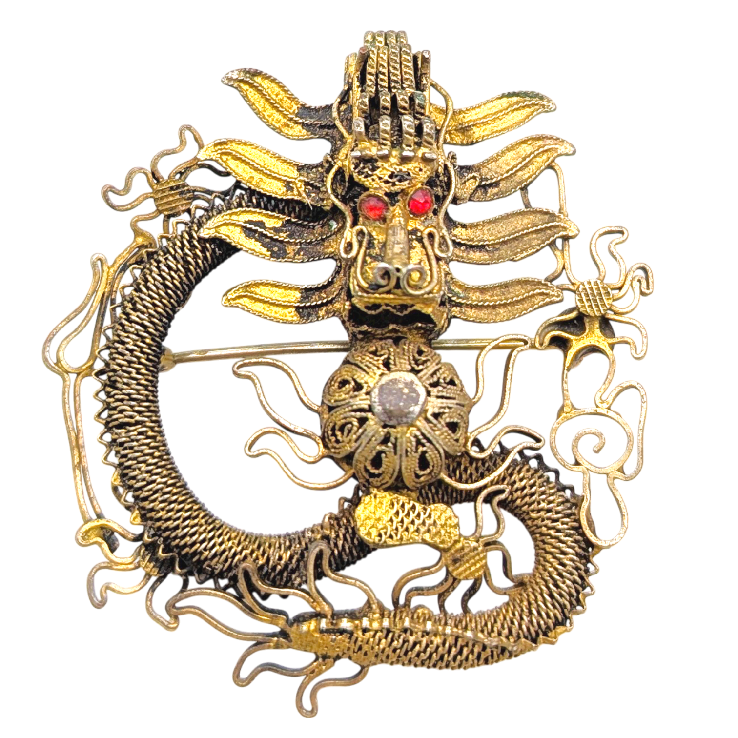 Antique Chinese Export Silver Filigree Dragon Brooch
