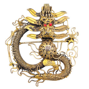Antique Chinese Export Silver Filigree Dragon Brooch