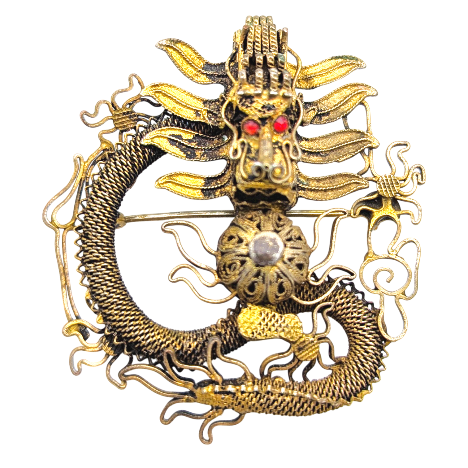 Antique Chinese Export Silver Filigree Dragon Brooch