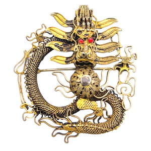 Antique Chinese Export Silver Filigree Dragon Brooch