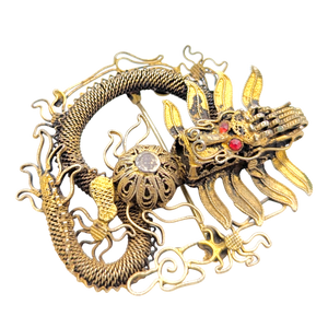 Antique Chinese Export Silver Filigree Dragon Brooch