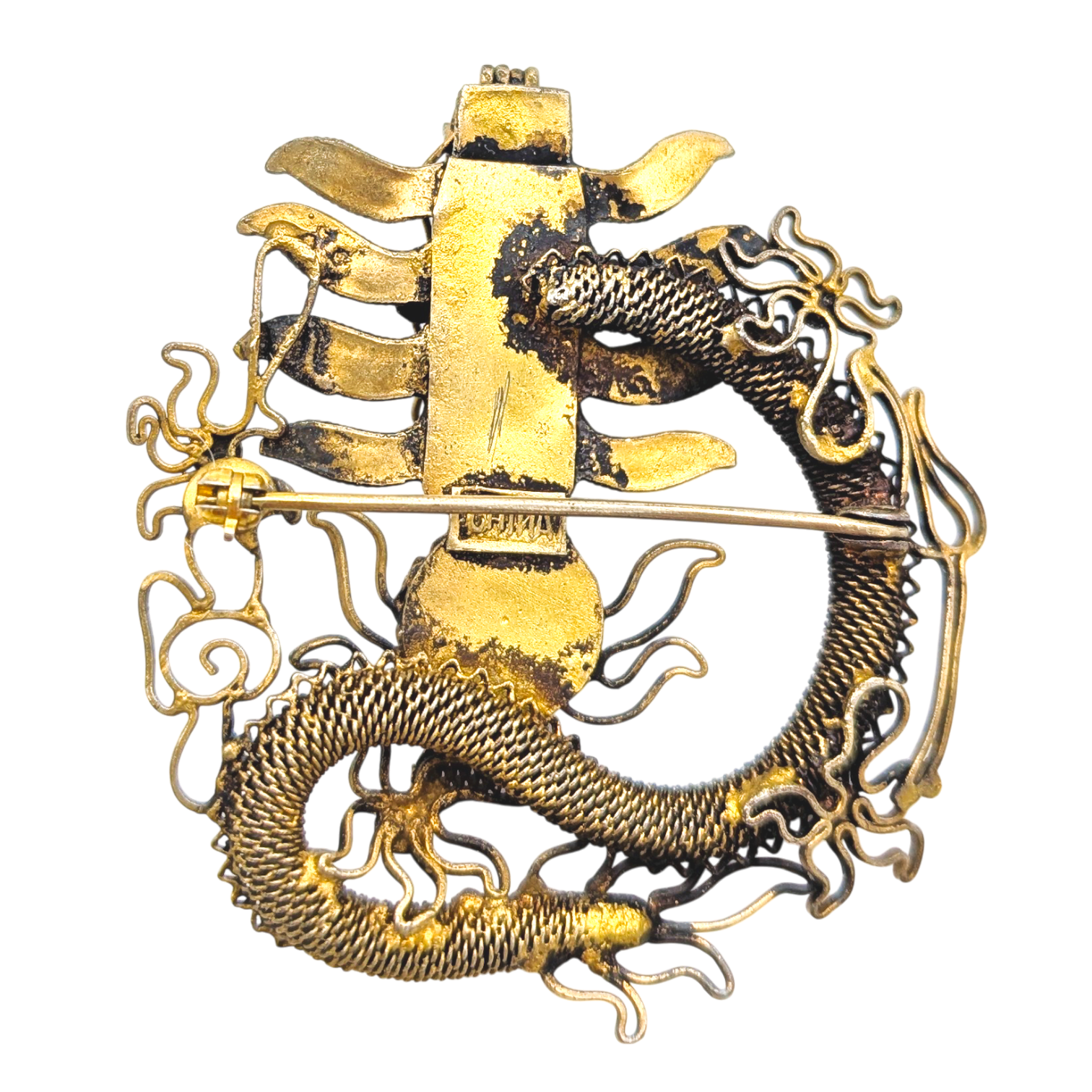 Antique Chinese Export Silver Filigree Dragon Brooch