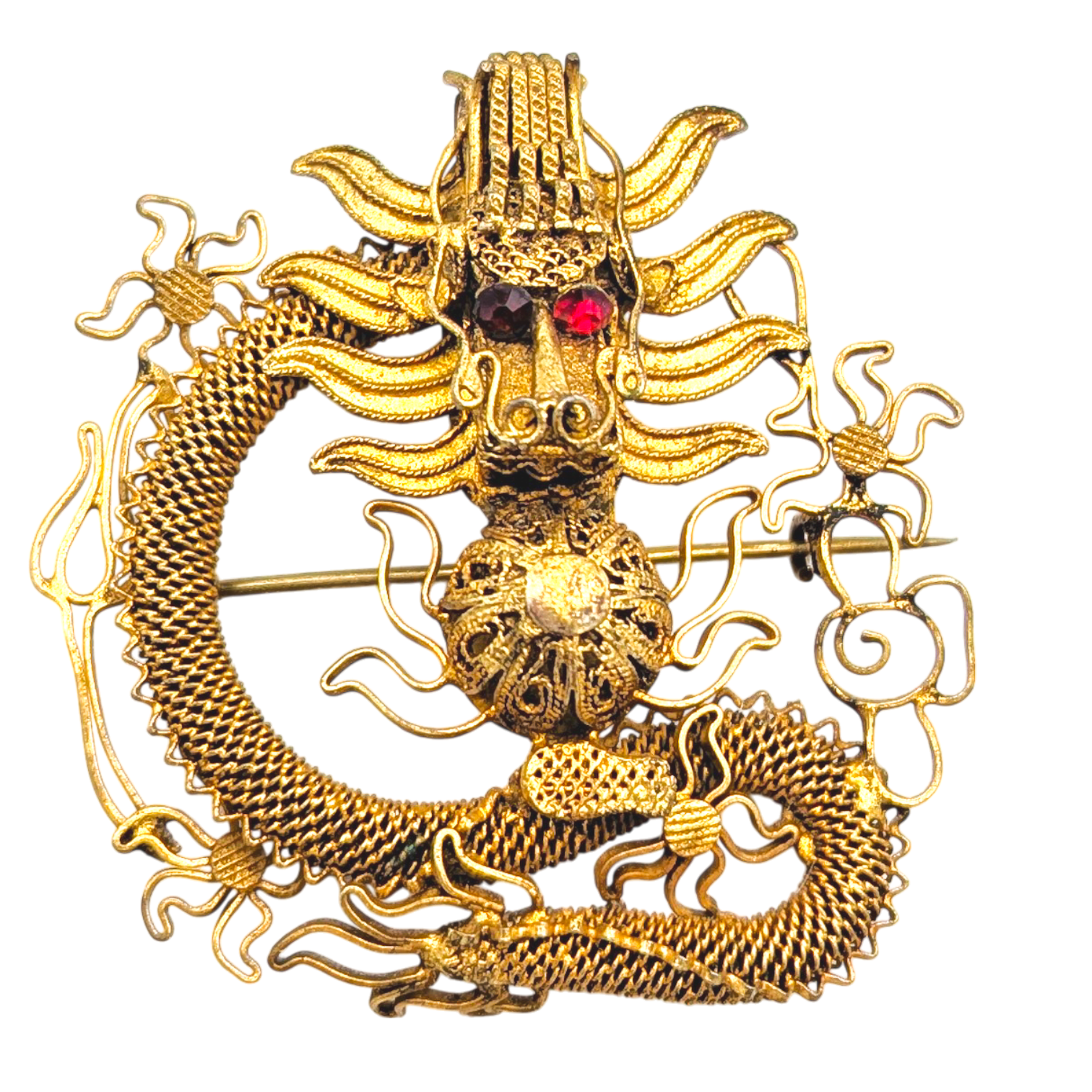 Antique Chinese Export Silver Filigree Dragon Brooch
