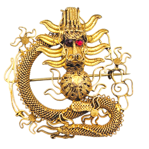 Antique Chinese Export Silver Filigree Dragon Brooch
