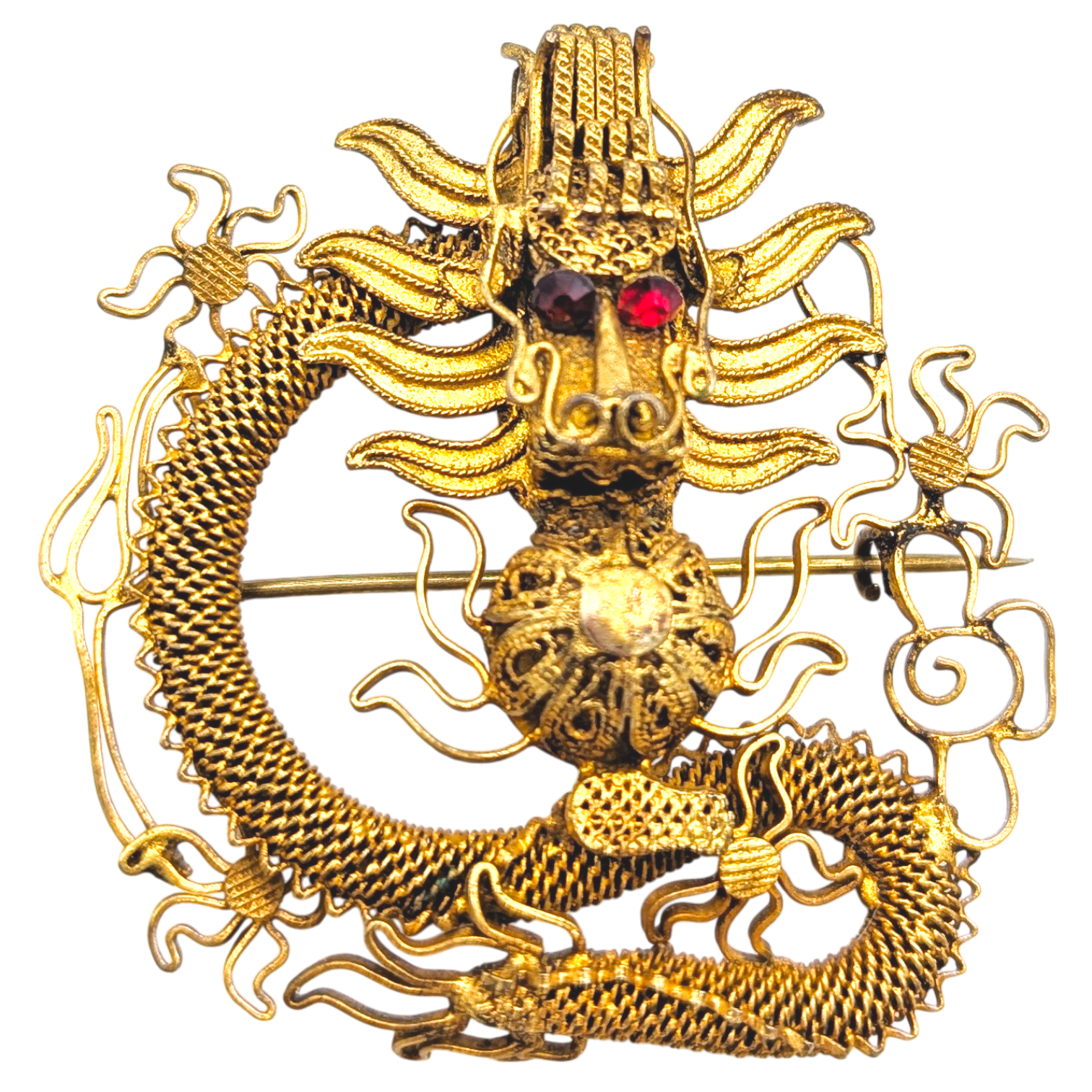 Antique Chinese Export Silver Filigree Dragon Brooch