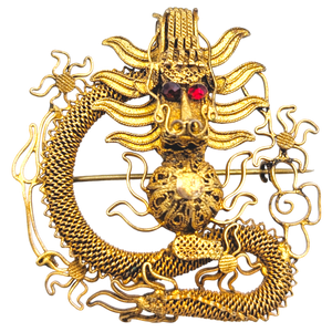 Antique Chinese Export Silver Filigree Dragon Brooch