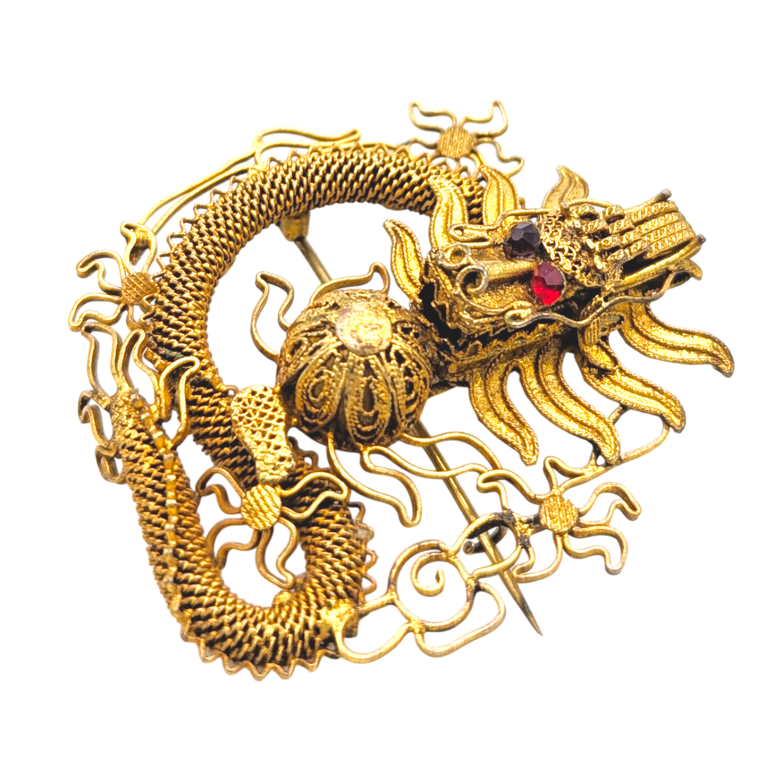 Antique Chinese Export Silver Filigree Dragon Brooch