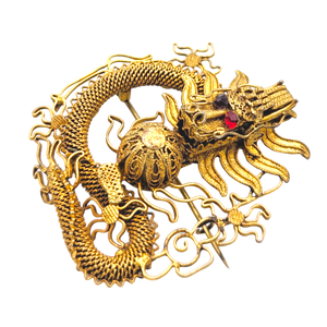 Antique Chinese Export Silver Filigree Dragon Brooch
