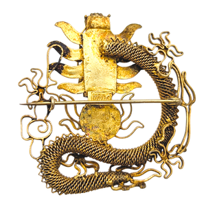 Antique Chinese Export Silver Filigree Dragon Brooch