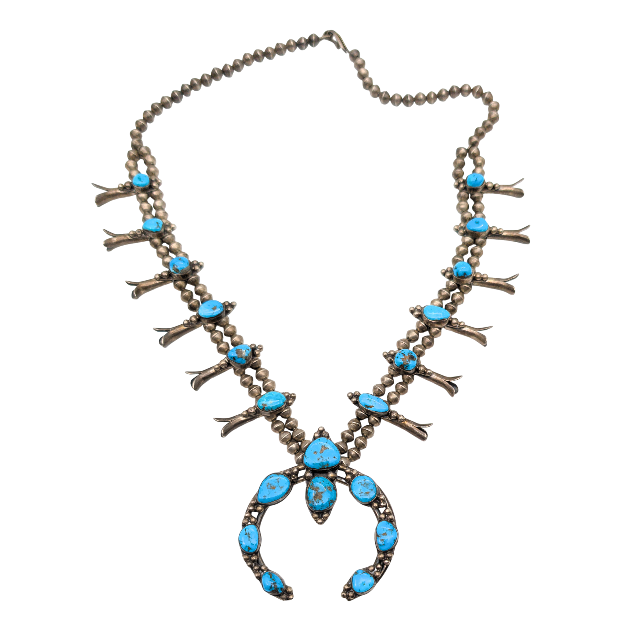 Vintage Old Pawn Sterling Silver Turquoise Squash Blossom Necklace