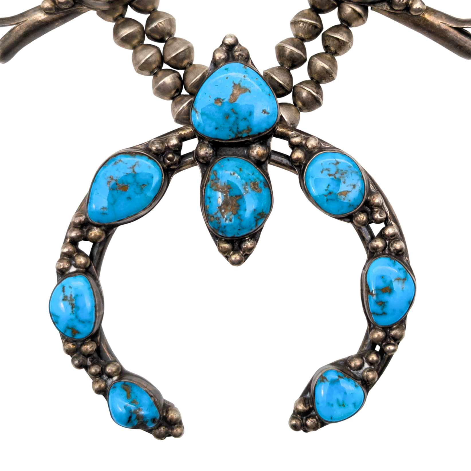 Vintage Old Pawn Sterling Silver Turquoise Squash Blossom Necklace